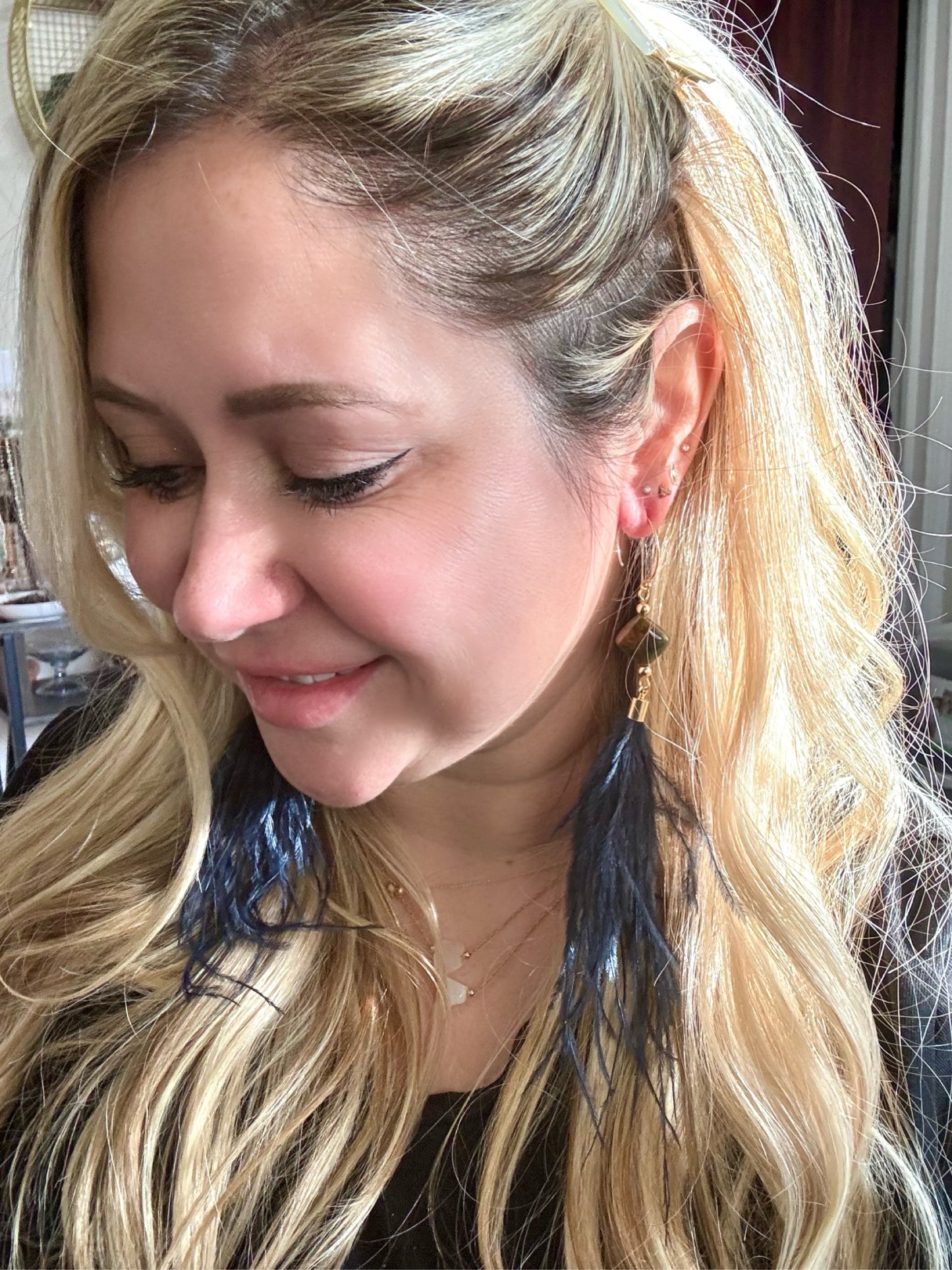 Green Opal + Gold Navy Feather Earrings