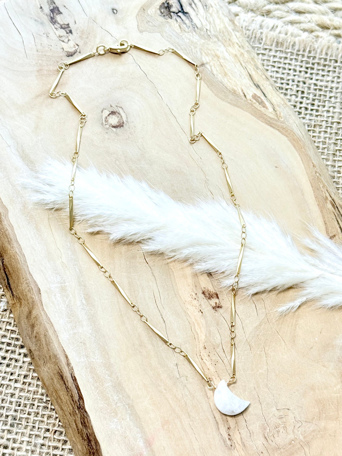 Rainbow Moonstone + Matte Gold Moon Necklace