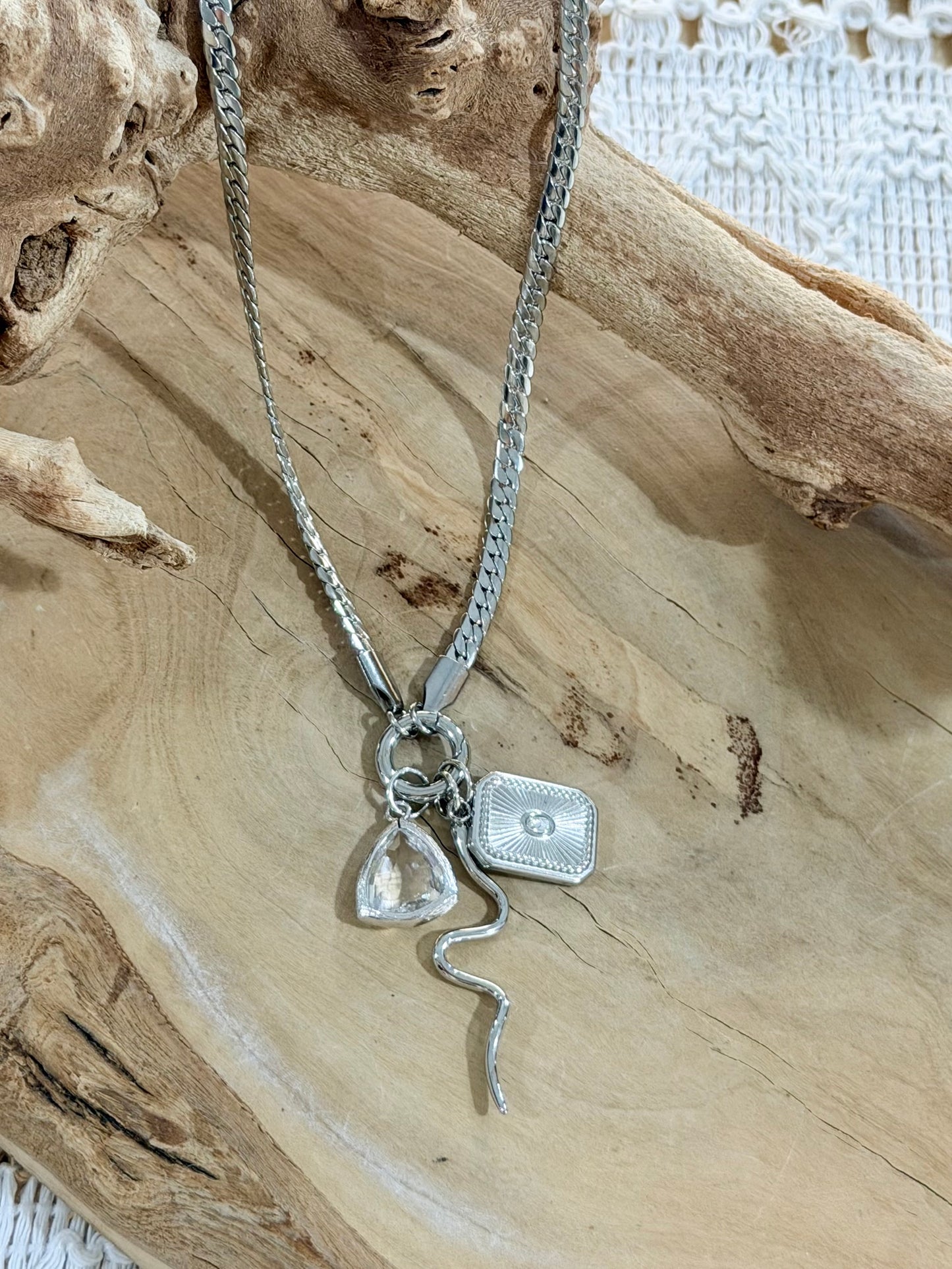 Quartz + Silver Carabiner Charm Necklace