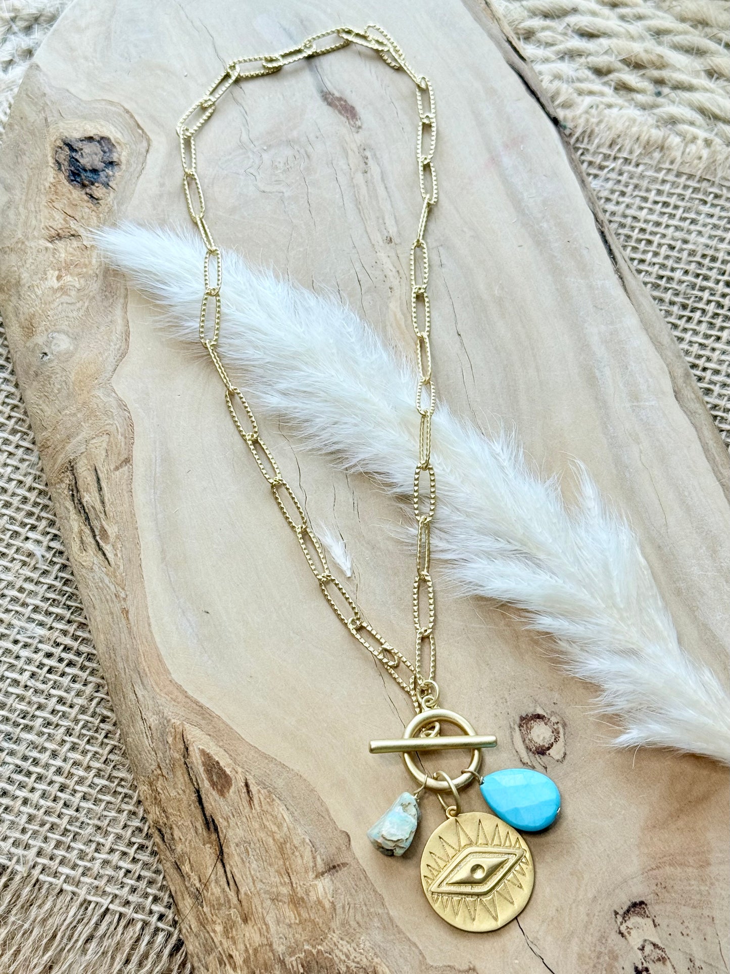 Ethiopian Opal + Turquoise Gold Charm Toggle Necklace
