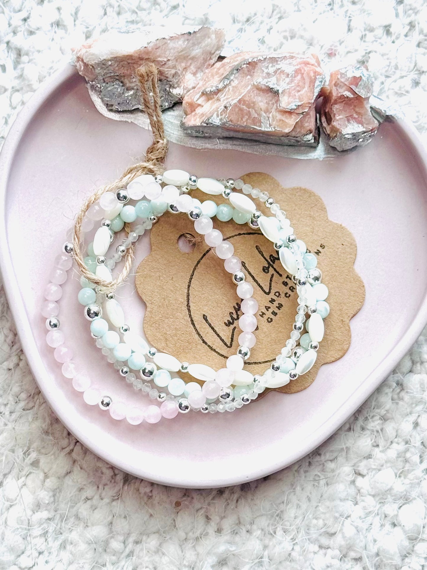 Rose Quartz + Green Moonstone in Silver (4-stack)