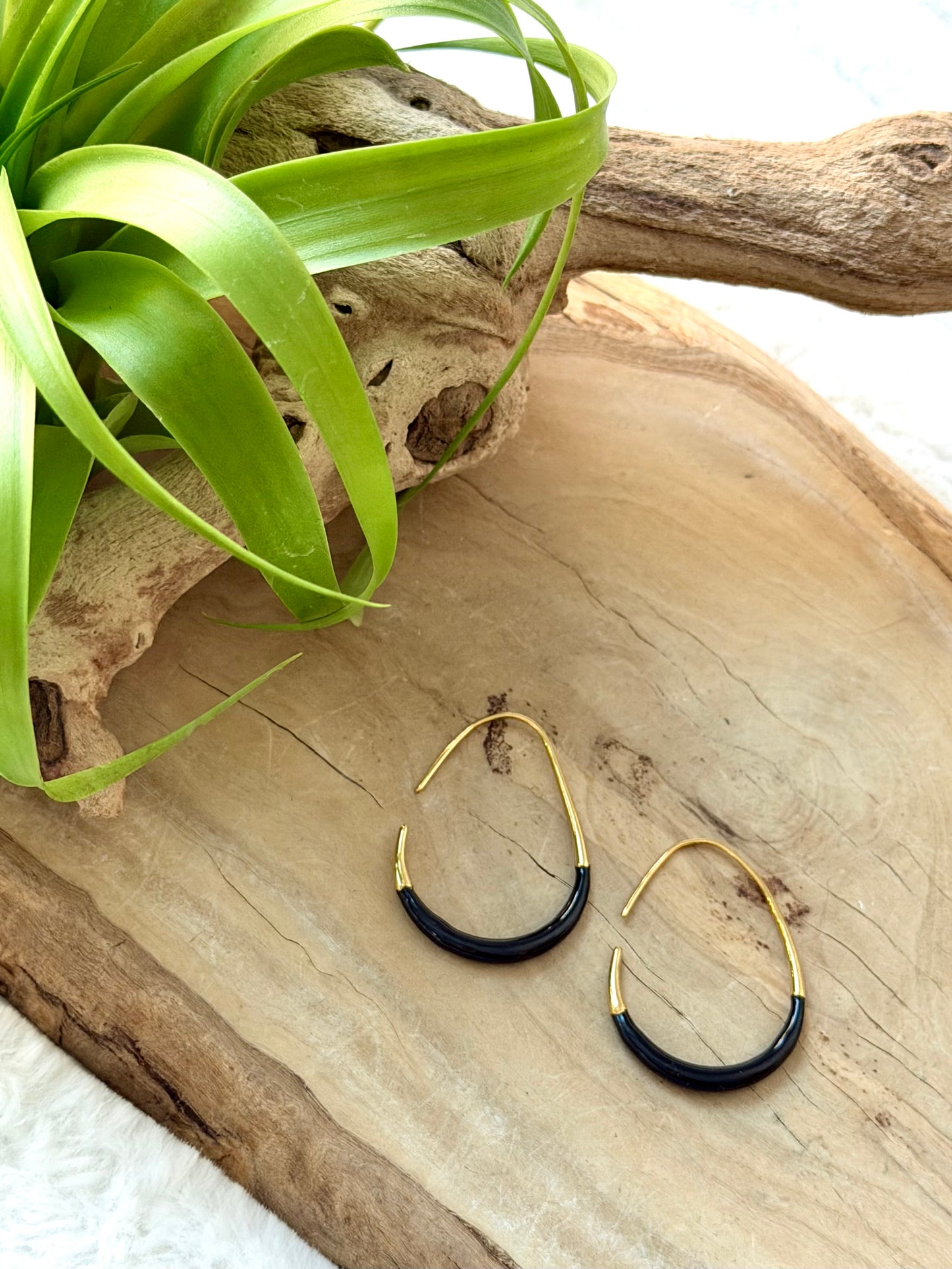 Black + Gold Enamel Open Hoop Earrings