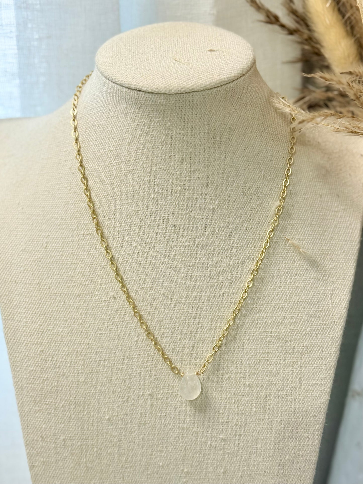 Rainbow Moonstone Teardrop + Matte Gold Necklace
