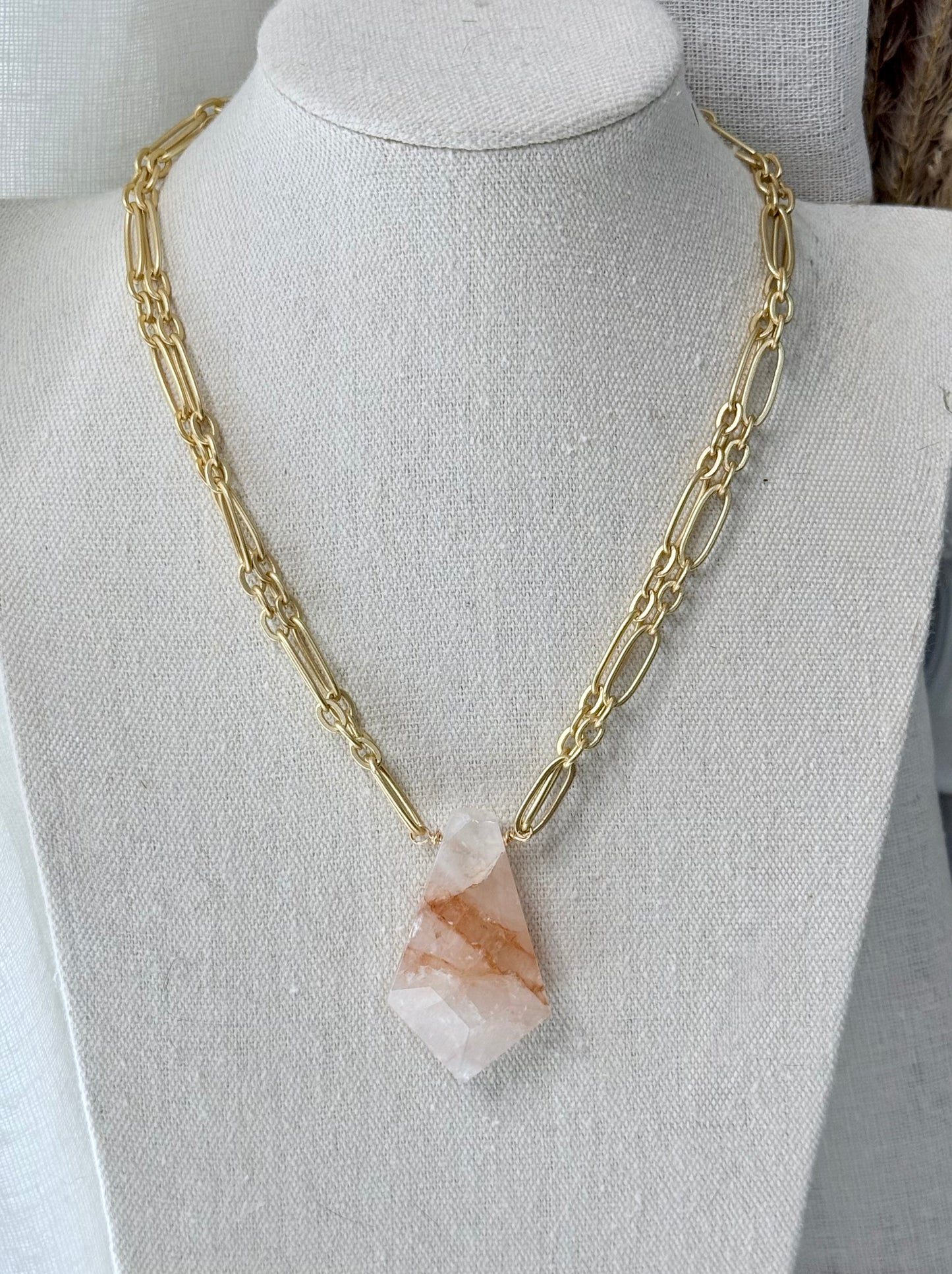 Brazilian Quartz + Matte Gold Double Chain Necklace