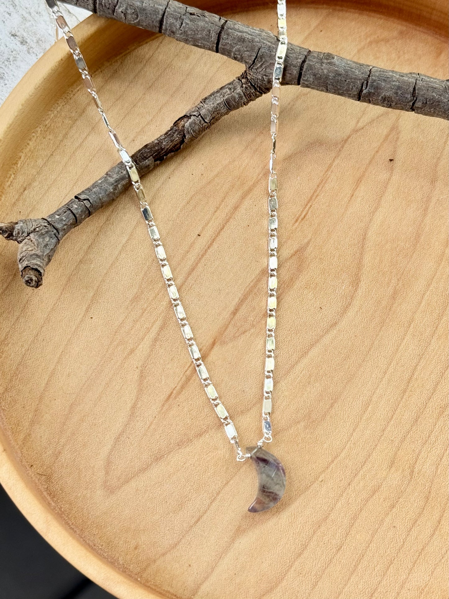 Fluorite Moon + Silver Necklace