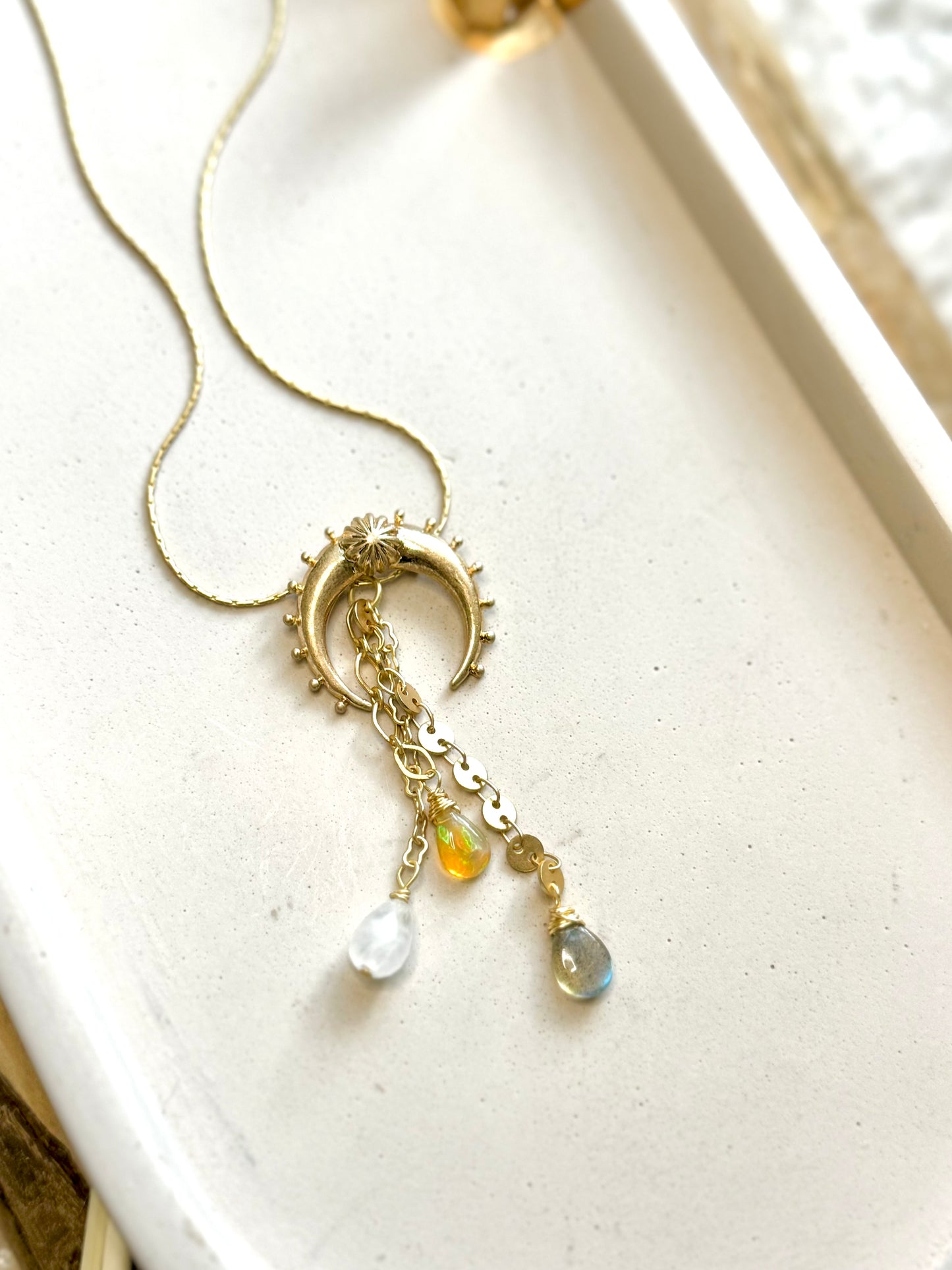 Labradorite + Ethiopian Opal Gold Half Moon Necklace