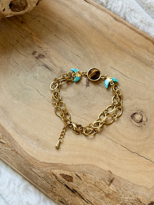 Tiger Eye + Turquoise Gold Moon Bracelet