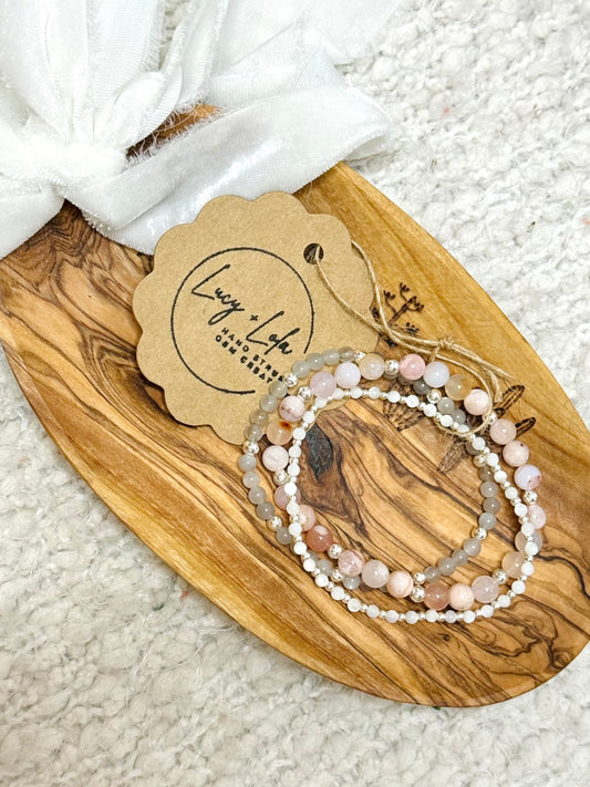 Cherry Blossom Agate + Moonstone in Silver (3-stack)