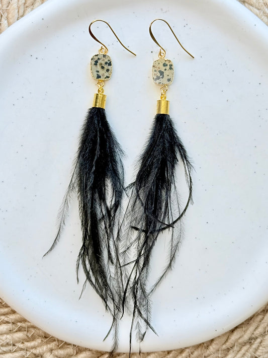 Dalmatian Jasper + Gold Black Feather Earrings