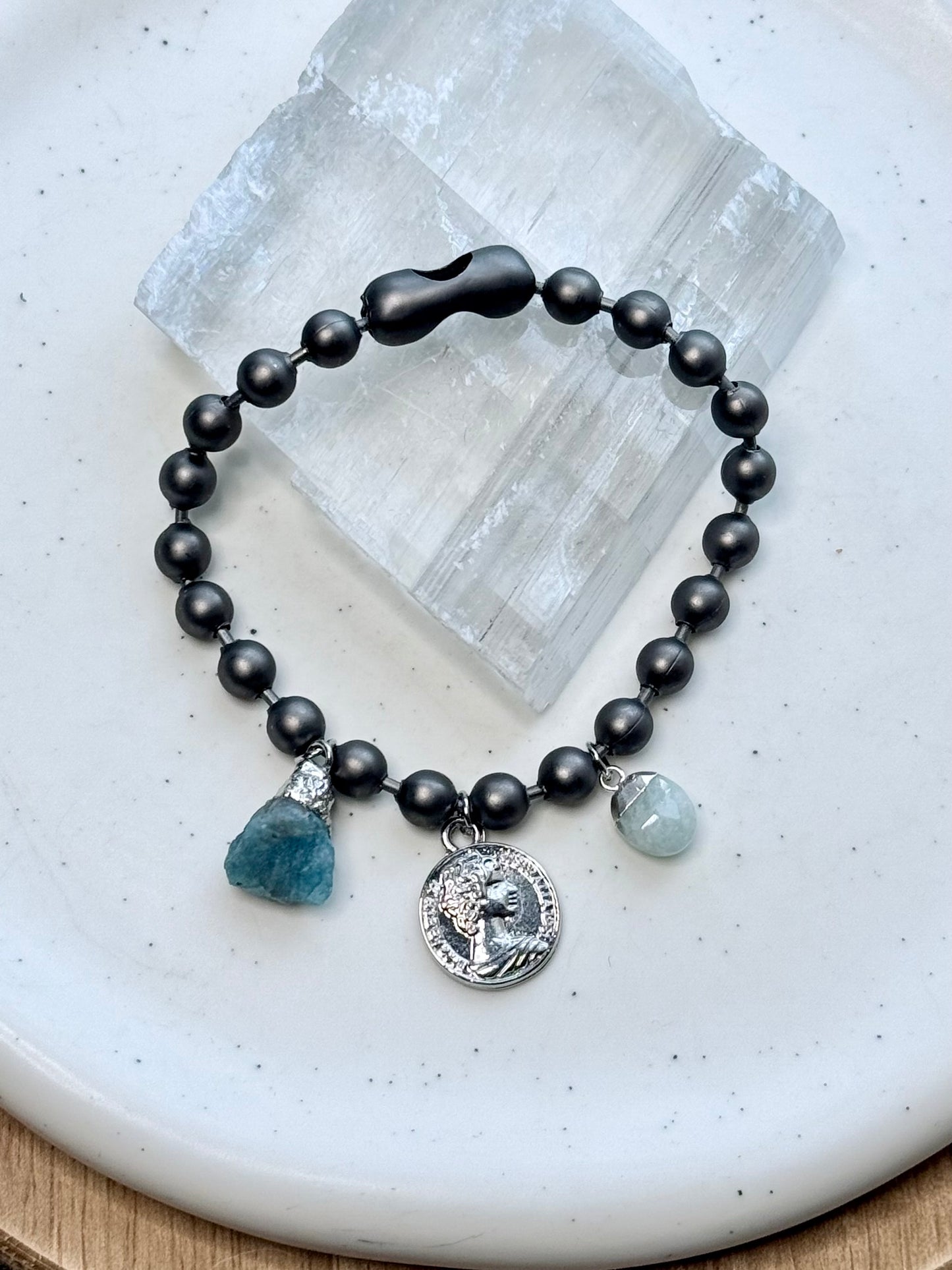 Chunky Matte Gunmetal Ball +  Silver Coin Charm Bracelet