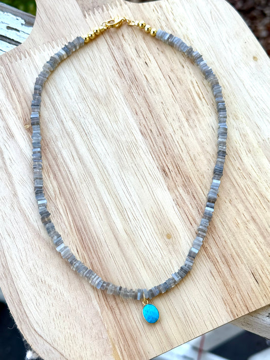 Gray Moonstone + Turquoise Gold Beaded Necklace
