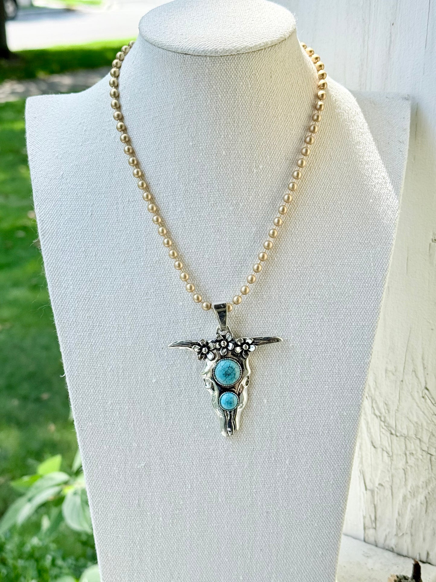 Turquoise + Mixed Metal Cow Skull Necklace