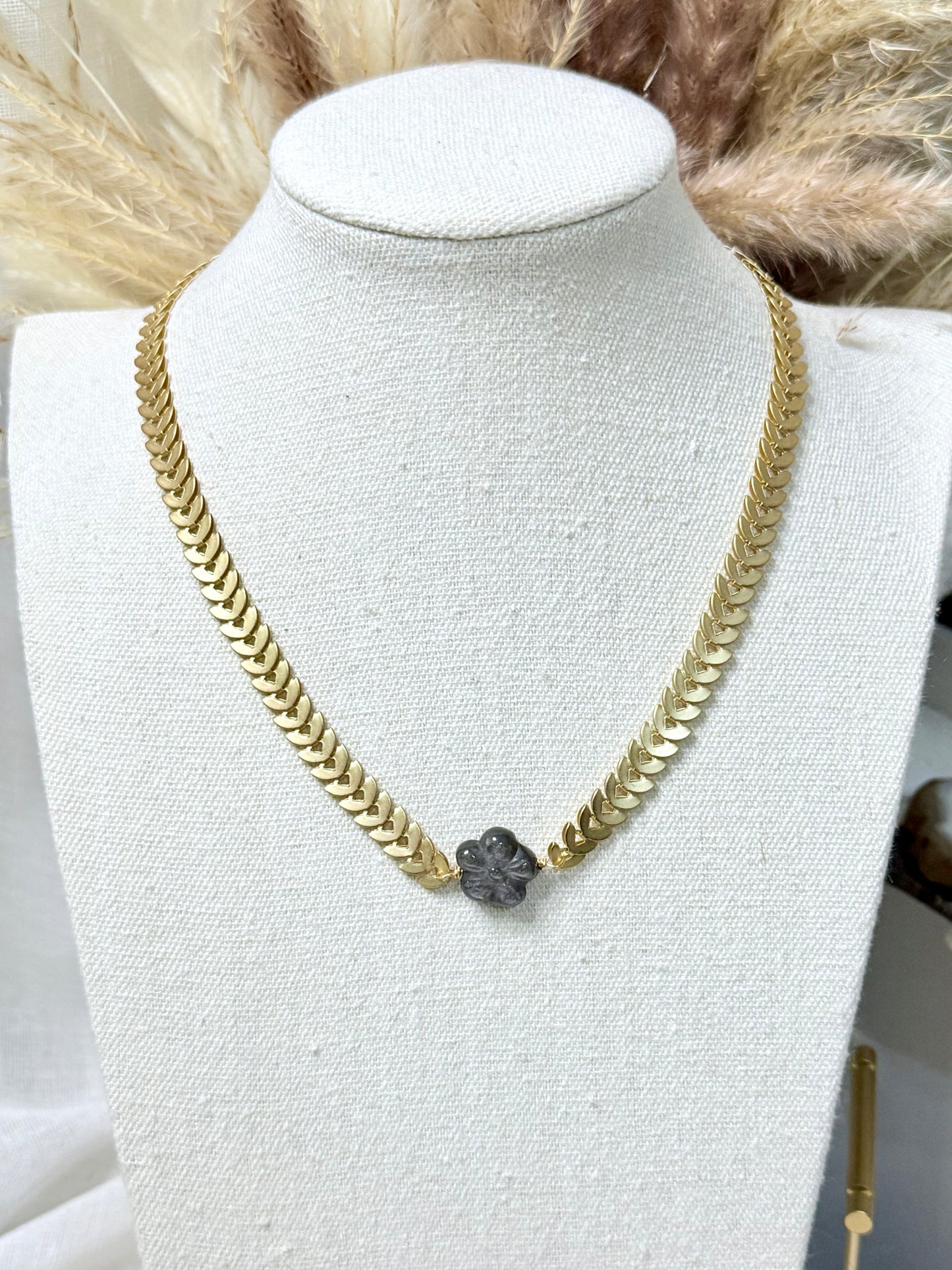 Gold Obsidian Flower + Matte Gold Half-Moon Chain Necklace