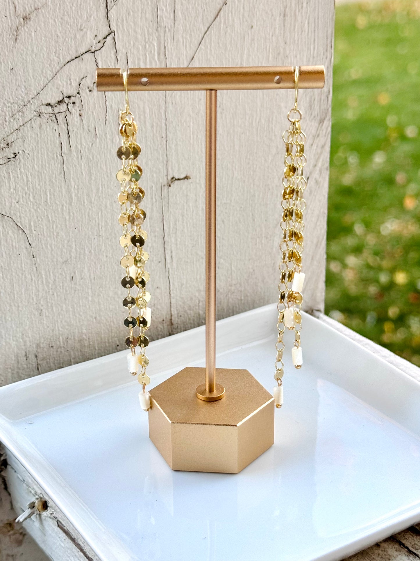 Mother of Pearl + Gold Sequin Waterfall Earrings