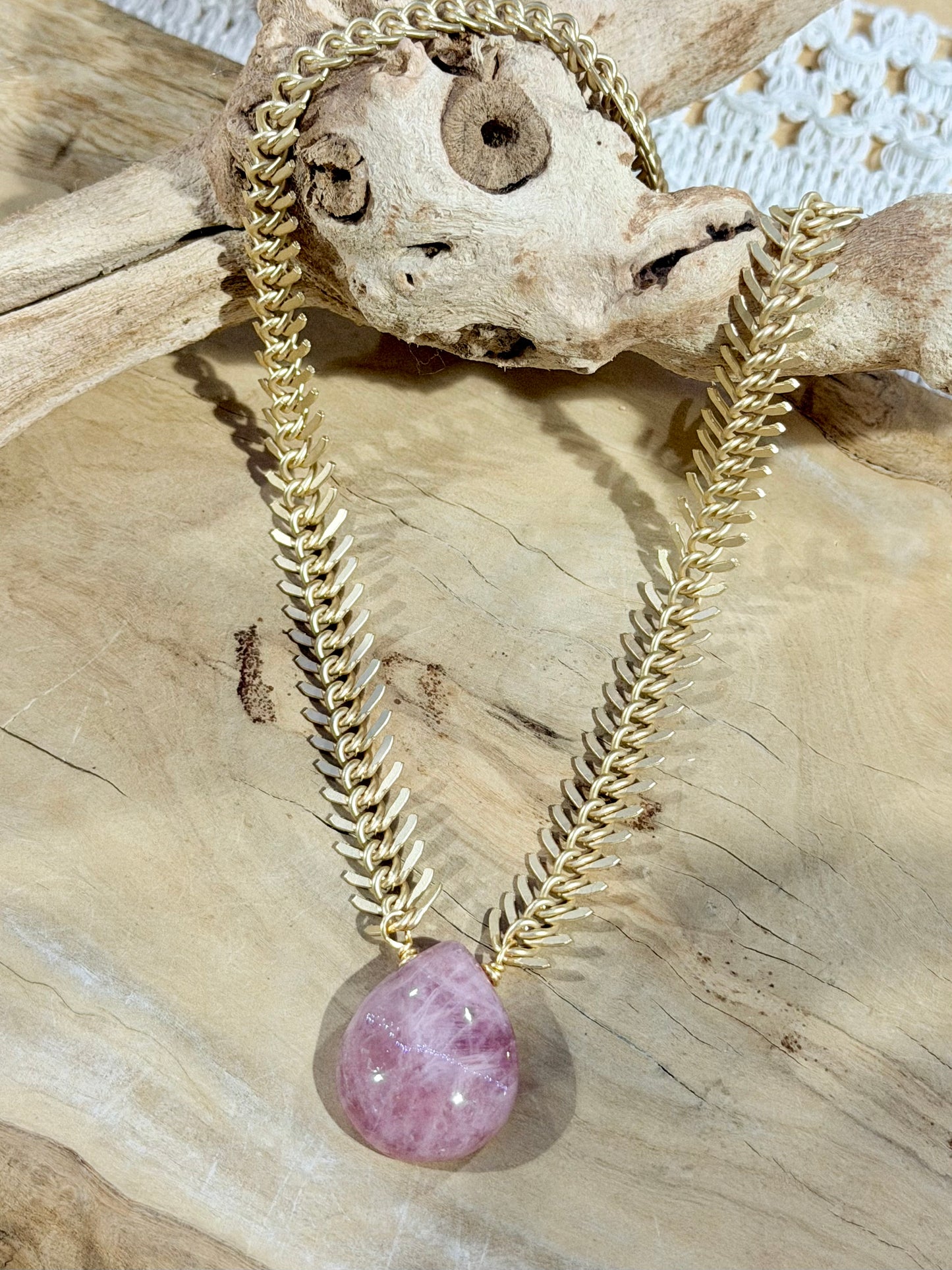 Madagascar Rose Quartz + Matte Gold Fishbone Necklace