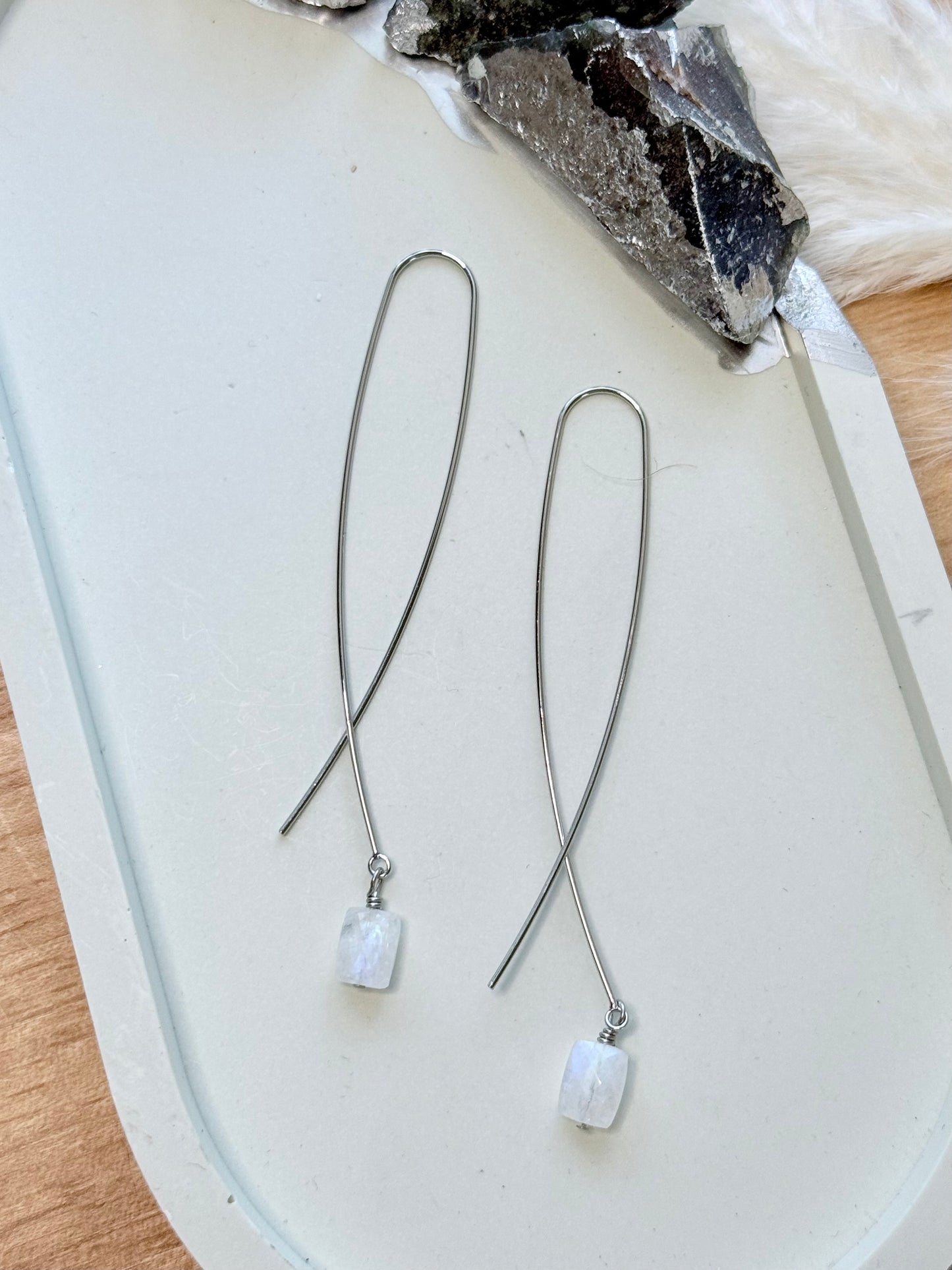 Rainbow Moonstone + Silver Twister Threader Earrings