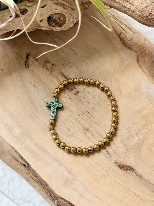 Shell + Gold Stainless Steel Cross Bracelet
