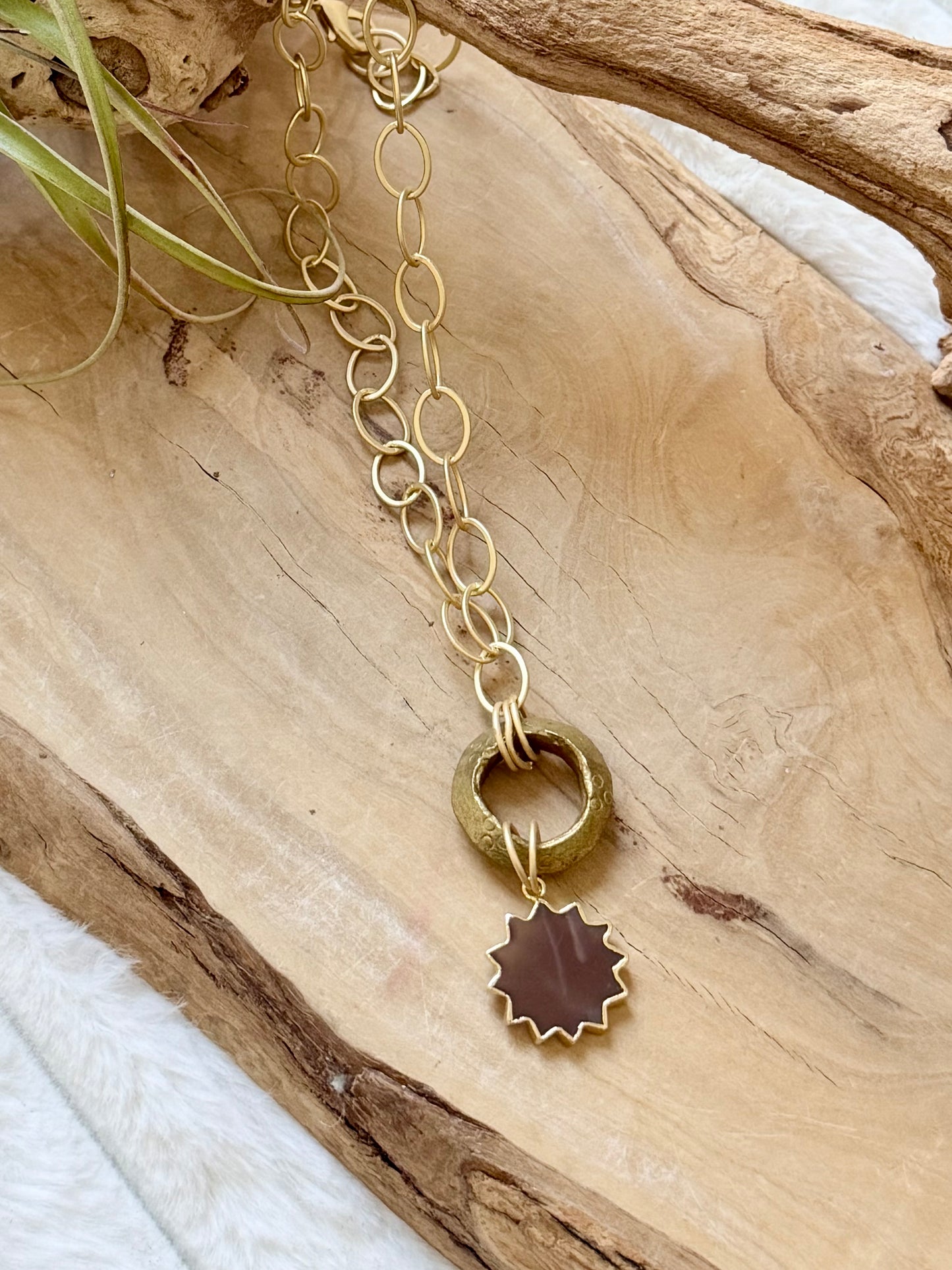 Chocolate Moonstone Sunburst + Matte Gold Necklace