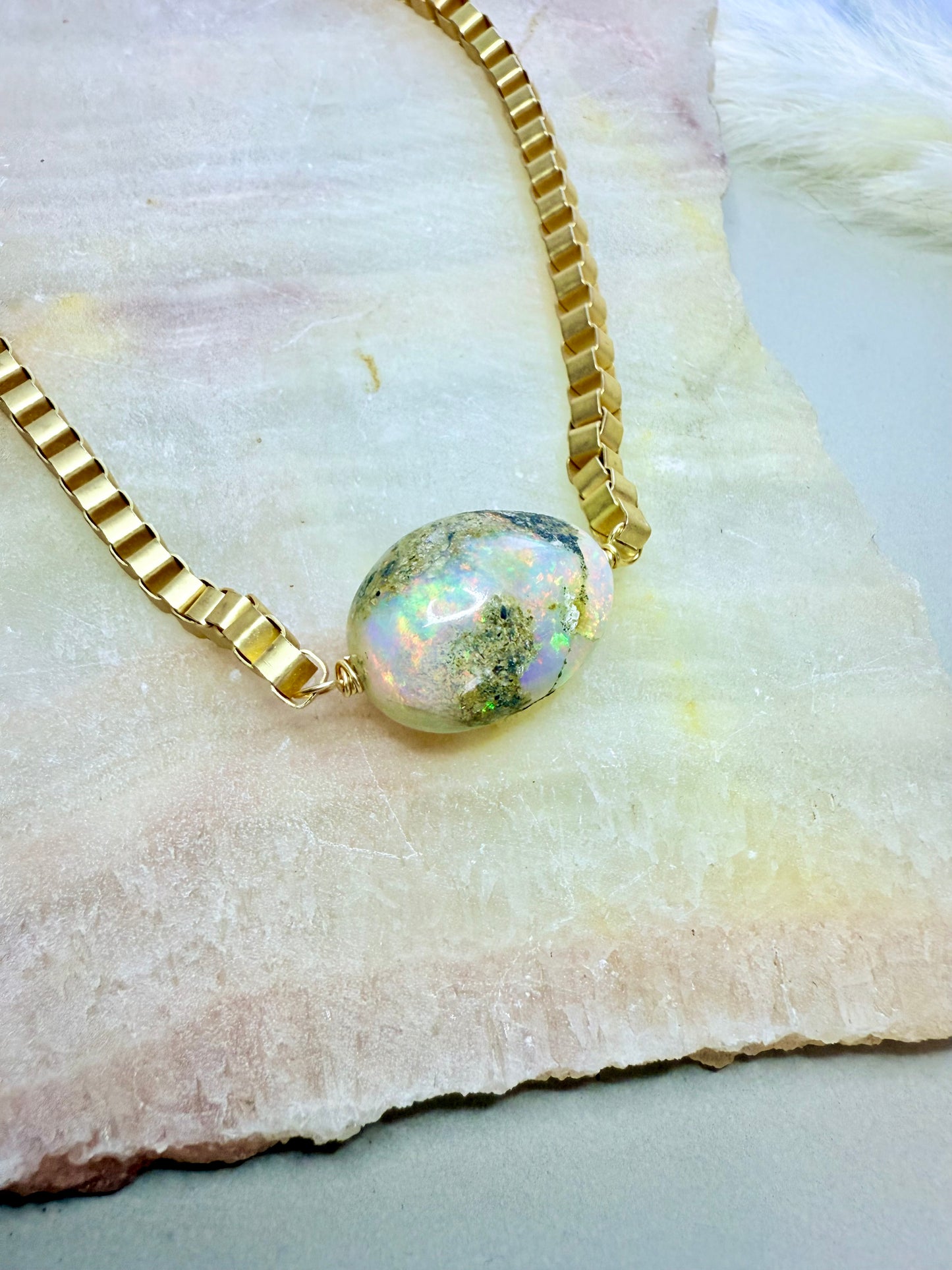 Rustic Ethiopian Opal + Matte Gold Necklace