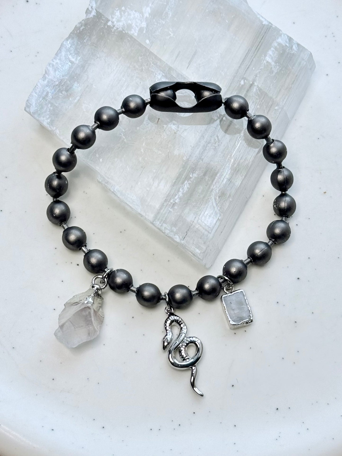 Chunky Matte Gunmetal Ball +  Silver Snake Charm Bracelet