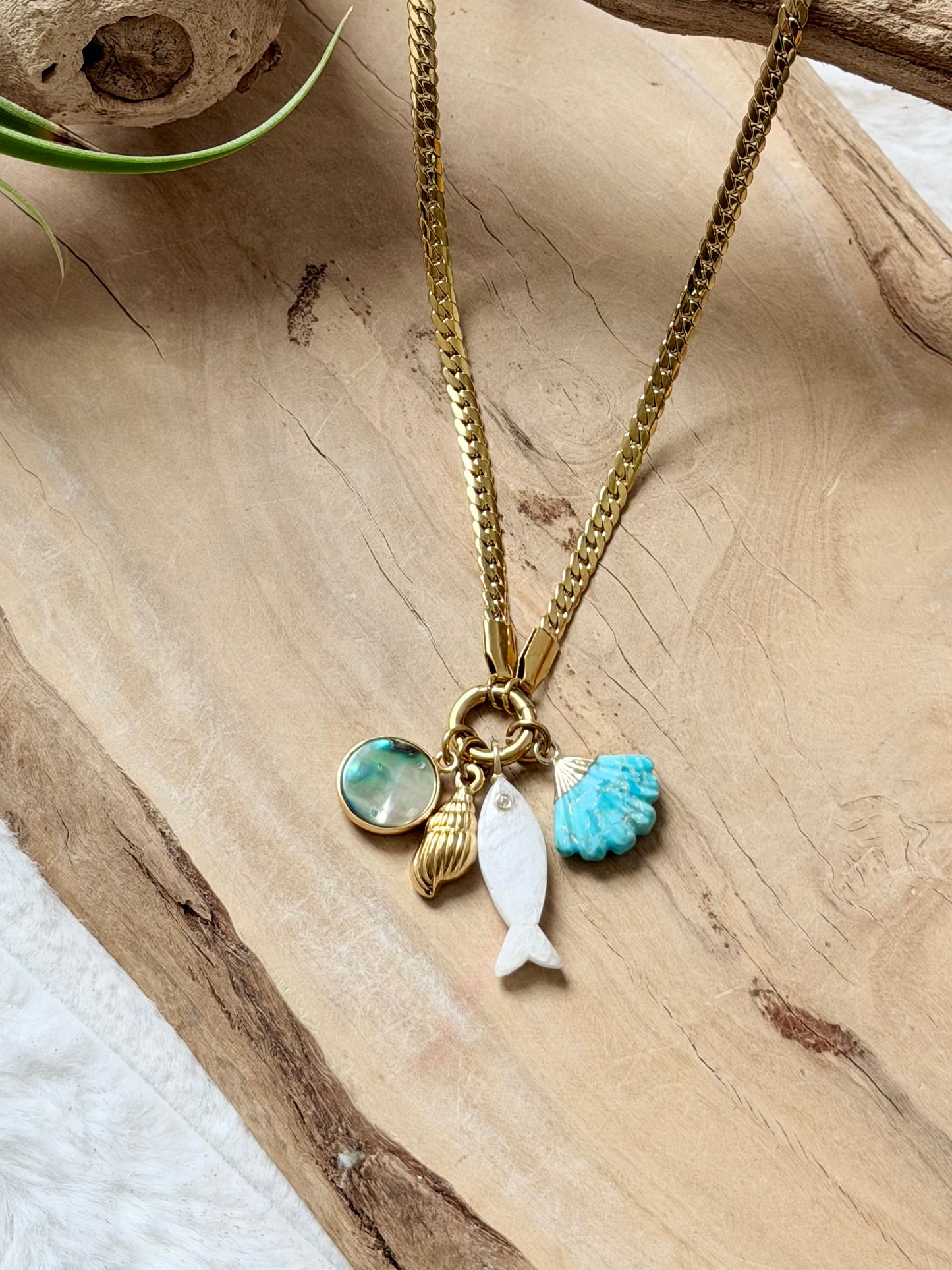 Moonstone Fish + Turquoise Shell Carabiner Herringbone Necklace