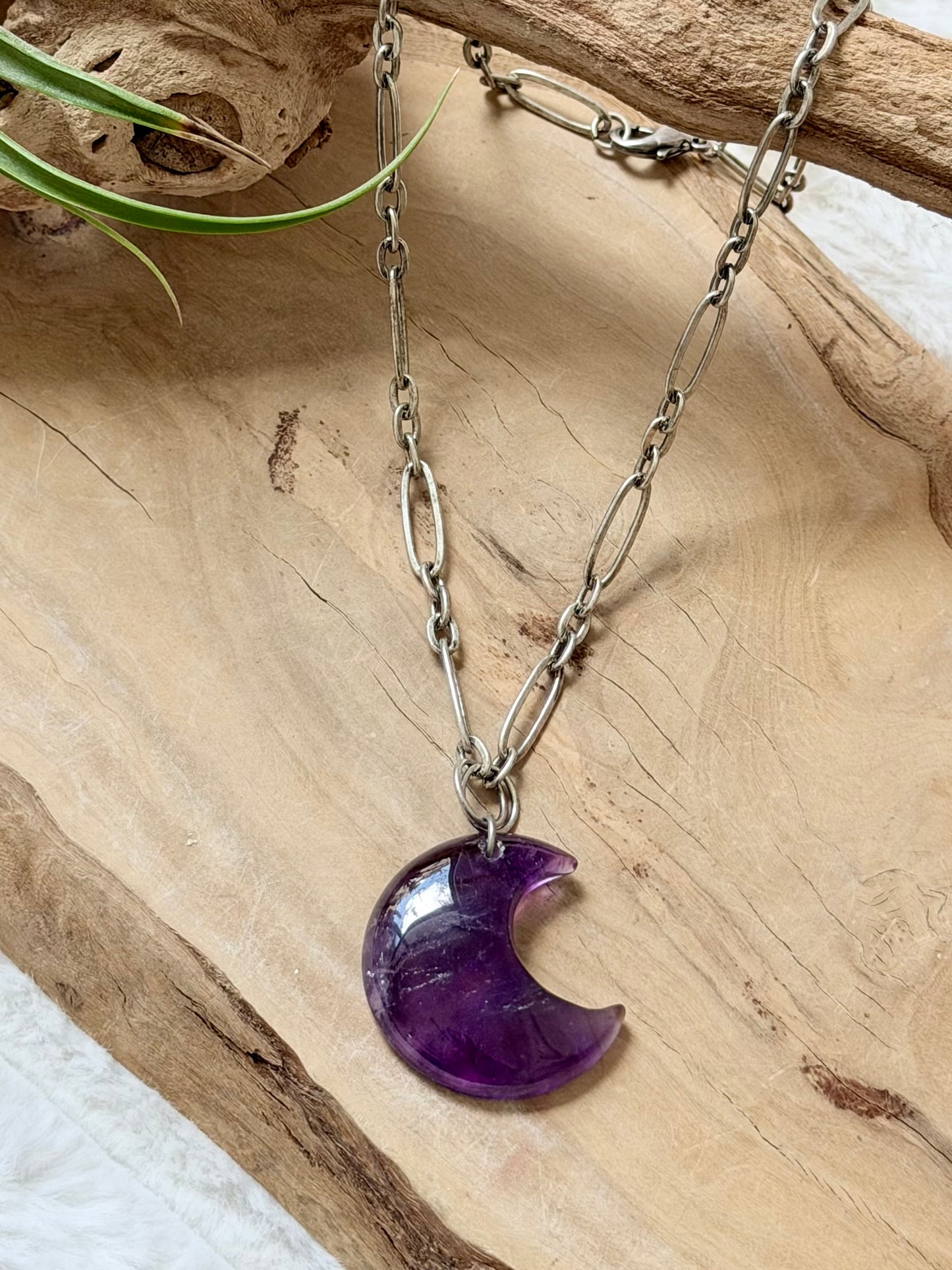 Amethyst Moon + Antique Silver Necklace
