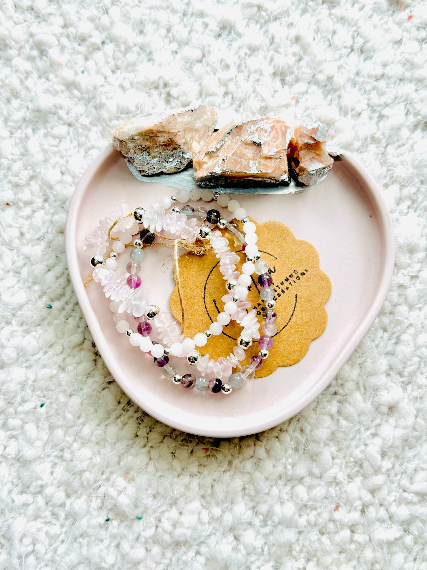 Rose Quartz + Fluorite in Silver (3-stack)