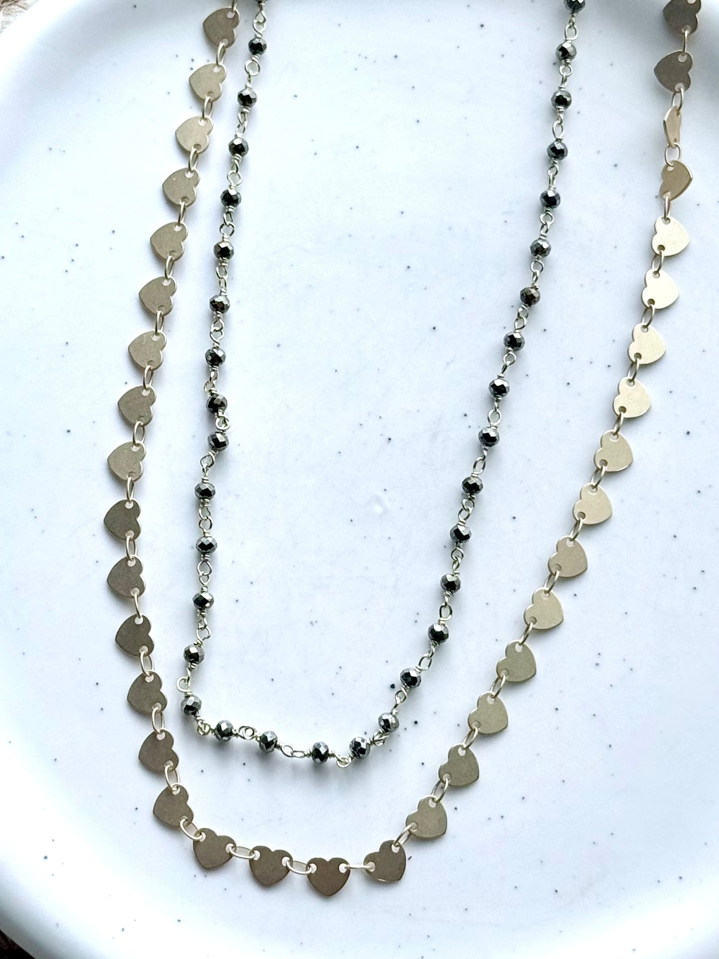 Pyrite + Matte Gold Heart Duet Necklace