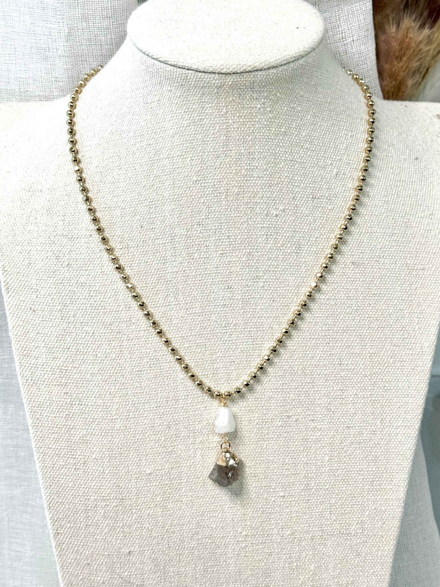 Moonstone + Smoky Quartz Matte Gold Necklace
