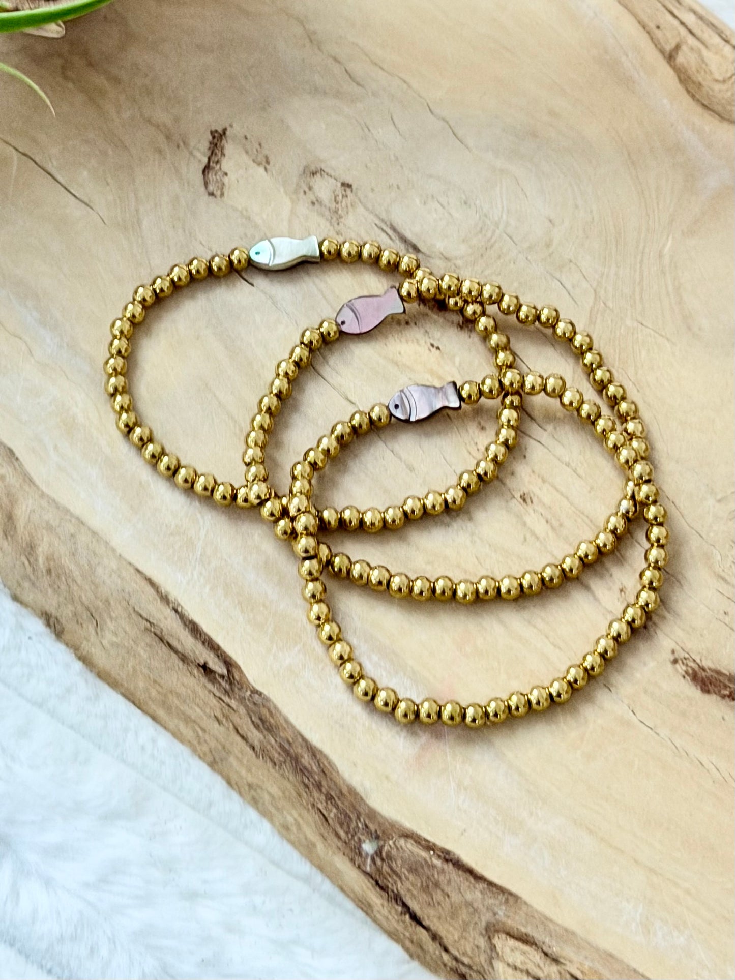 Mother of Pearl Fish + Gold Stainless Steel Bracelet