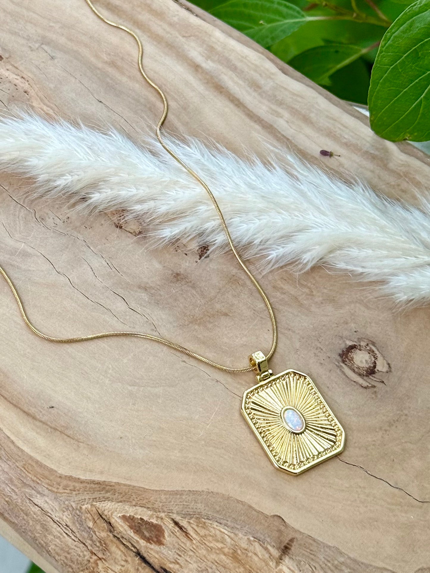 Opal + Gold Rectangle Pendant Necklace