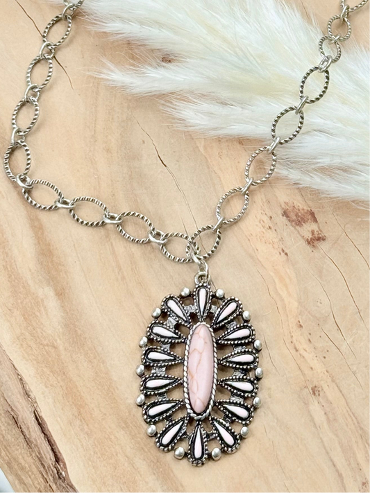 Pink Howlite + Antique Silver Necklace