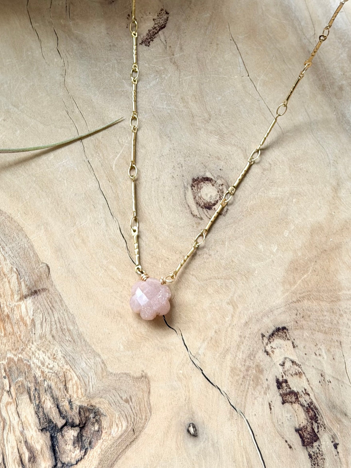 Peach Moonstone Flower + Gold Stainless Steel Necklace