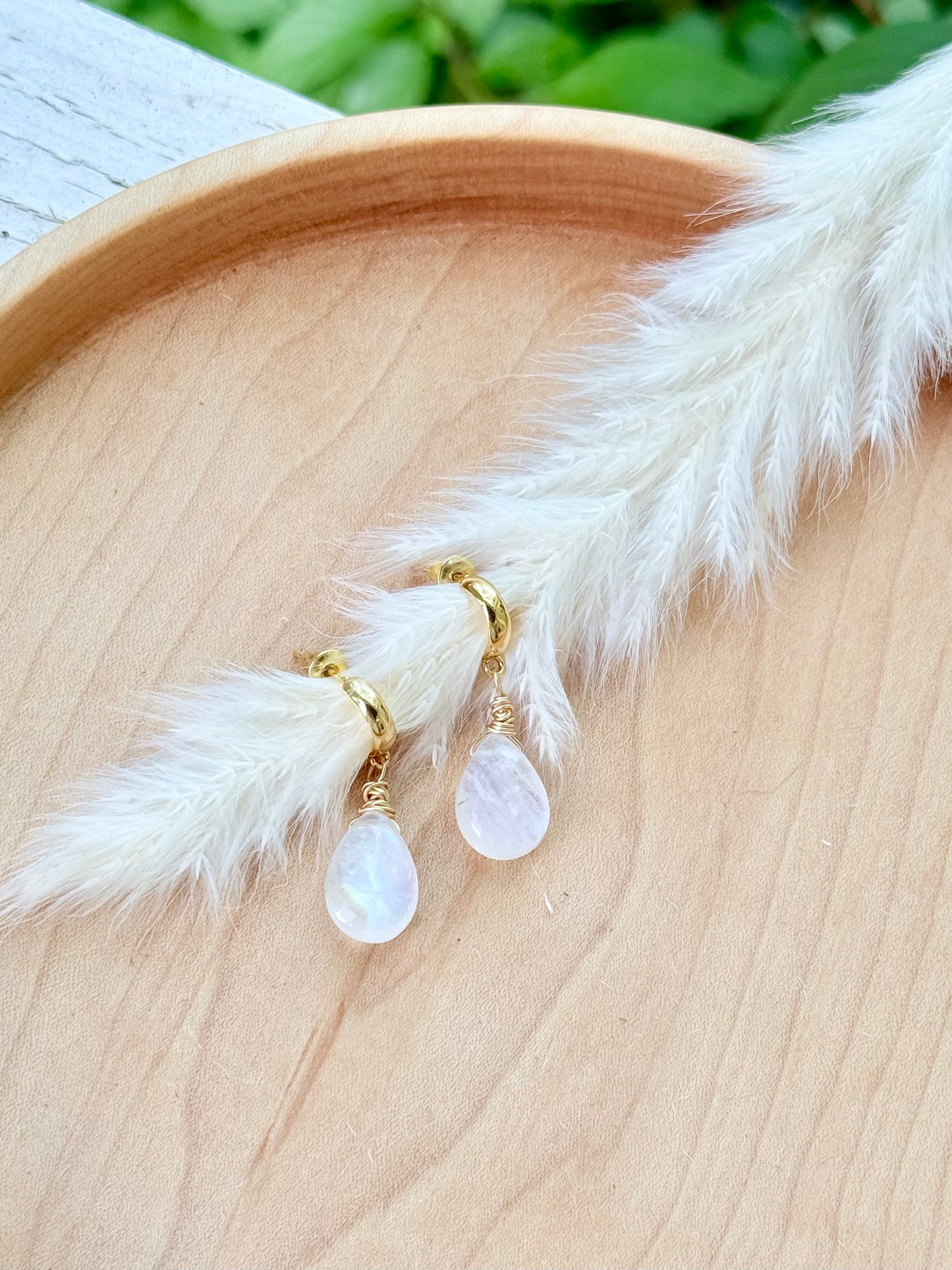 Rainbow Moonstone + Gold Hoop Earrings