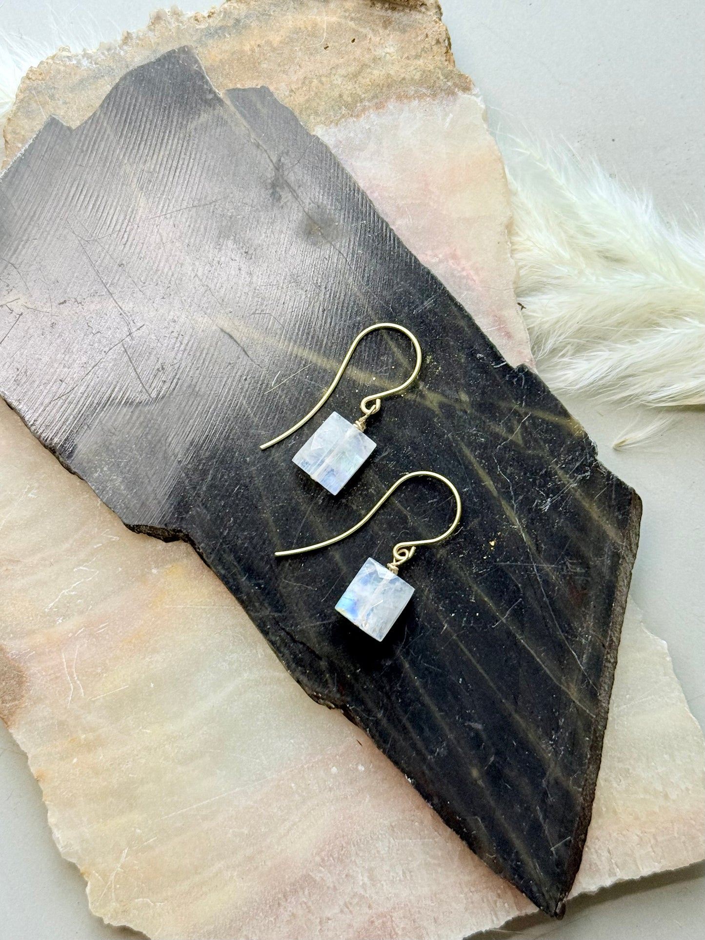 Square Rainbow Moonstone + Matte Gold Earrings