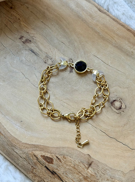 Black Tourmaline + Chalcedony Gold Moon Bracelet