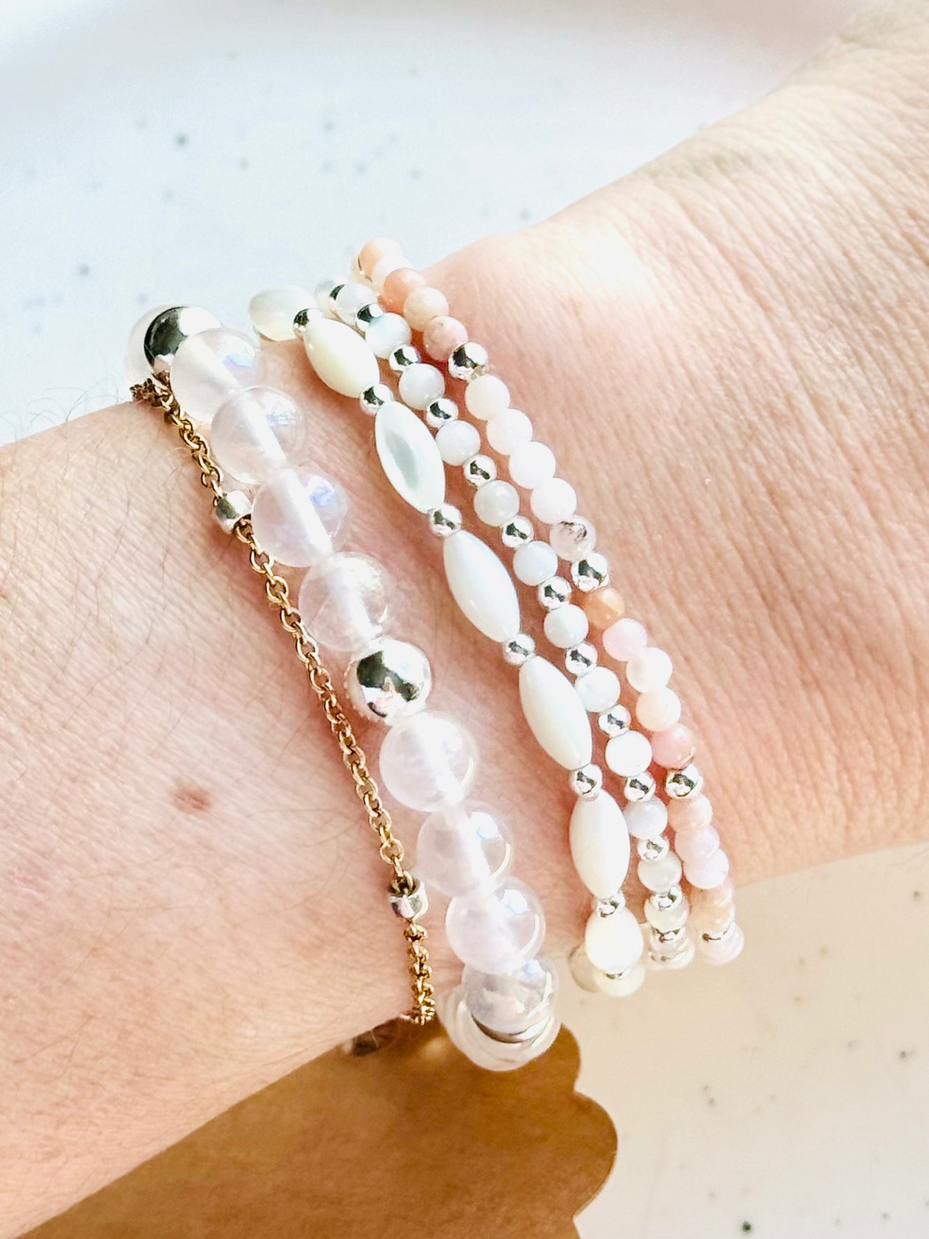 Cream + Pink in Silver (4-stack)