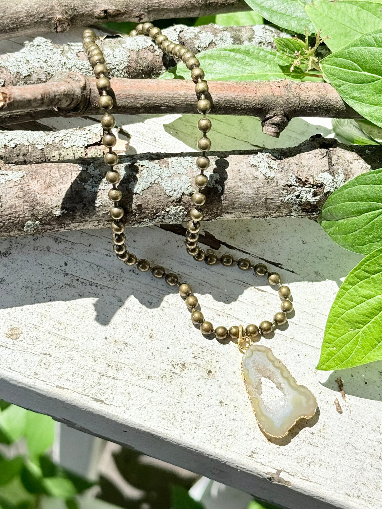 Agate Slice + Antique Brass Necklace