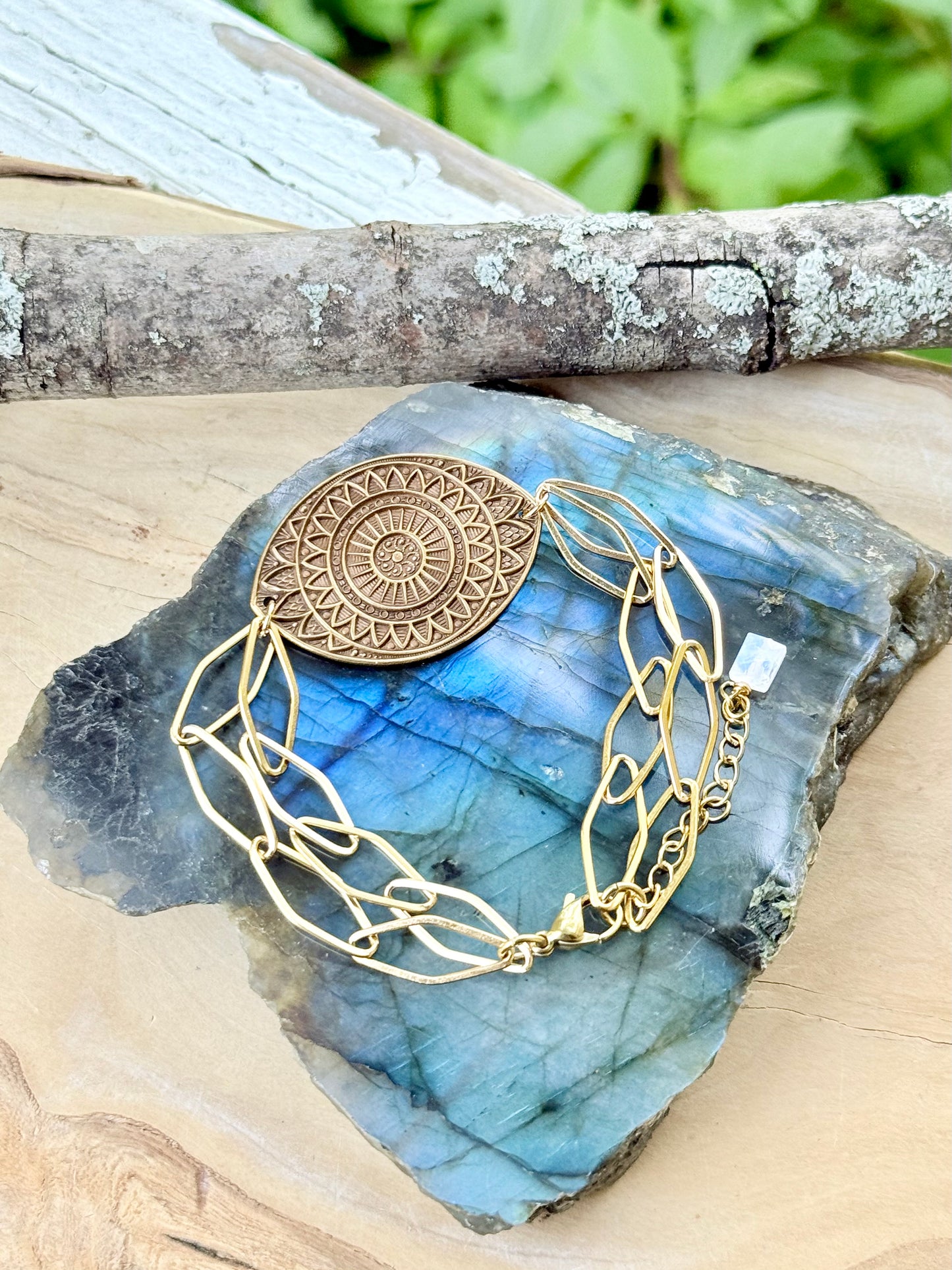 Brass Mandala Eye + Gold Chain Bracelet