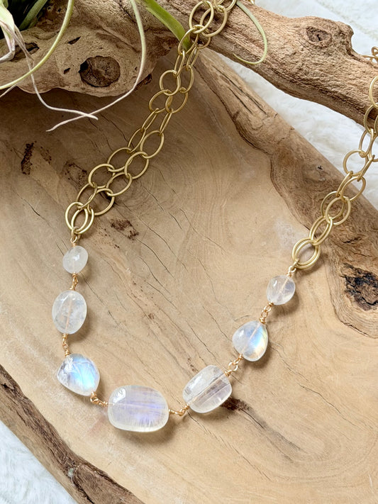 Rainbow Moonstone + Matte Gold Necklace