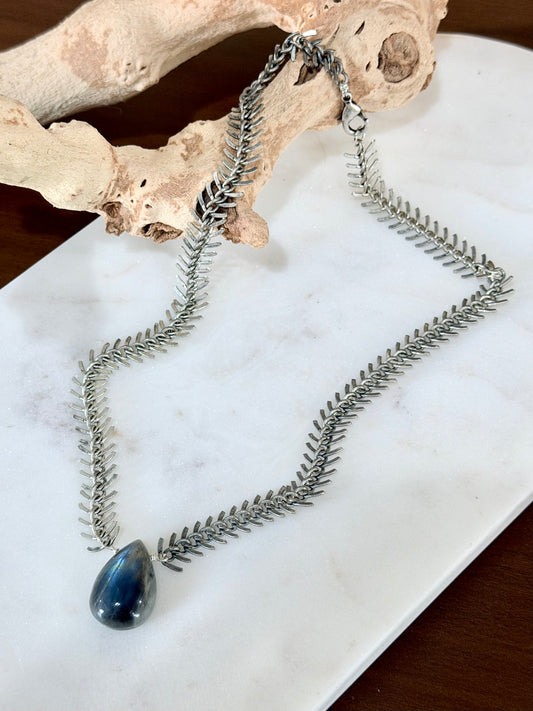 Labradorite + Antique Silver Fishbone Necklace
