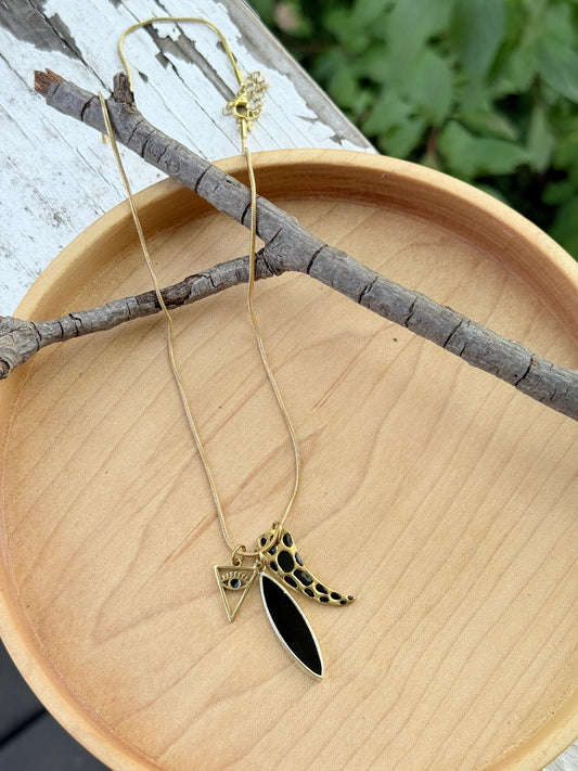 Leopard + Onyx Gold Stainless Steel Necklace