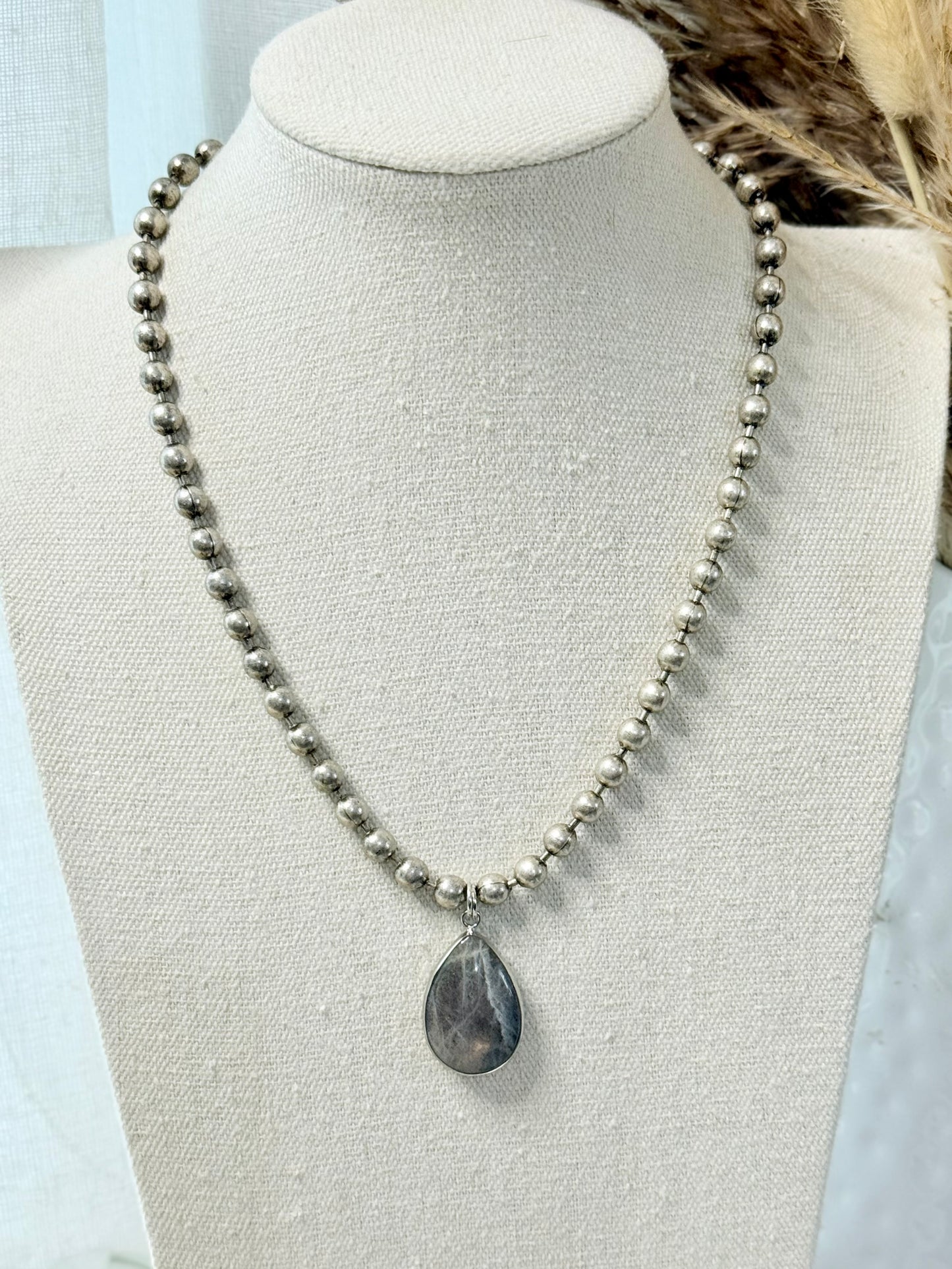 Labradorite + Antique Silver Ball Chain Necklace