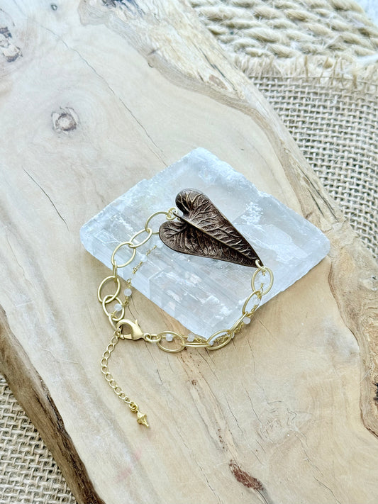 Brown Brass Leaf + Moonstone Mixed Metal Chain Bracelet