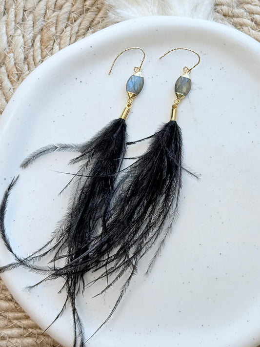 Labradorite Ovals + Gold Black Feather Earrings
