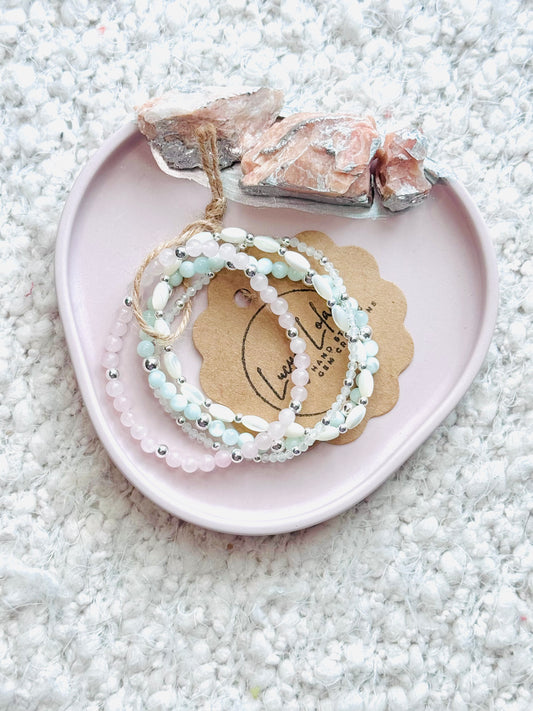 Rose Quartz + Green Moonstone in Silver (4-stack)