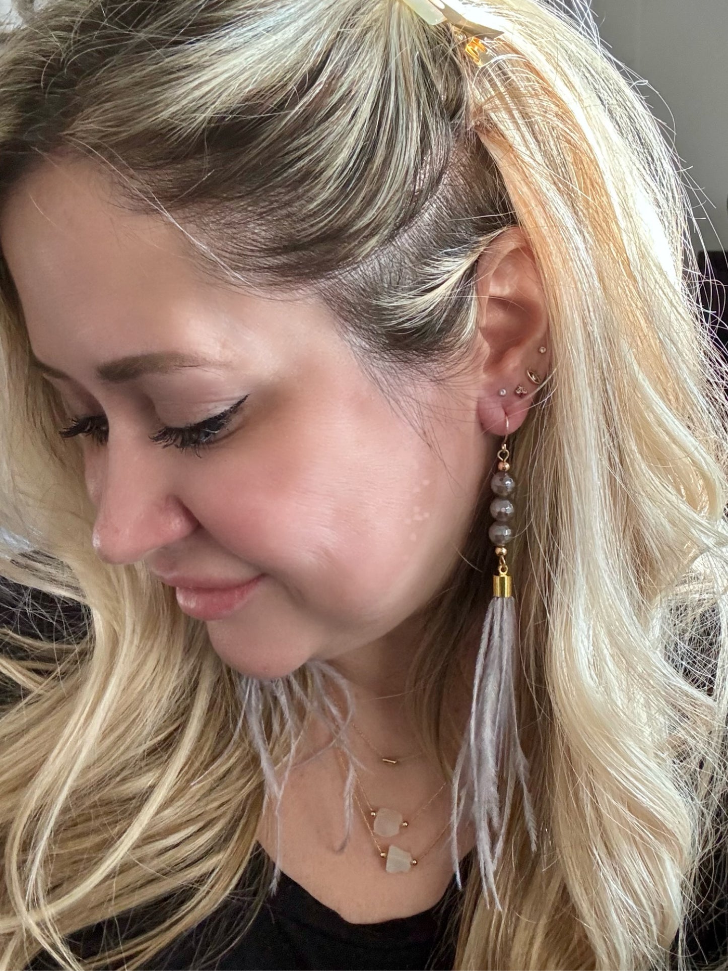 Gray Agate + Gold Gray Feather Earrings