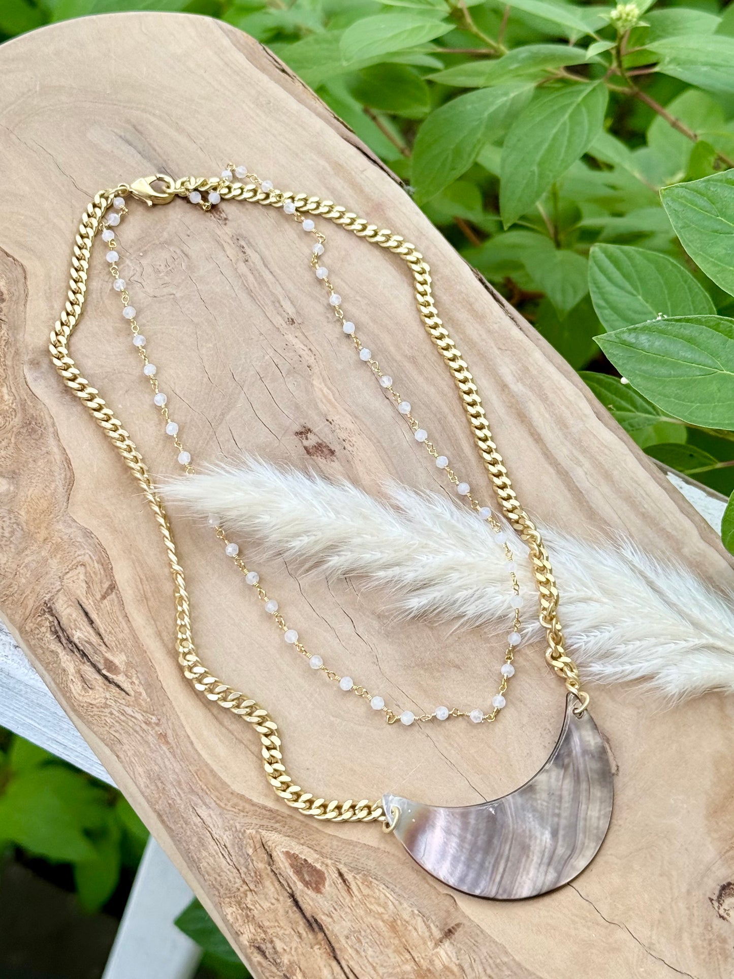 Mother of Pearl Crescent + Moonstone Matte Gold Duet Necklace