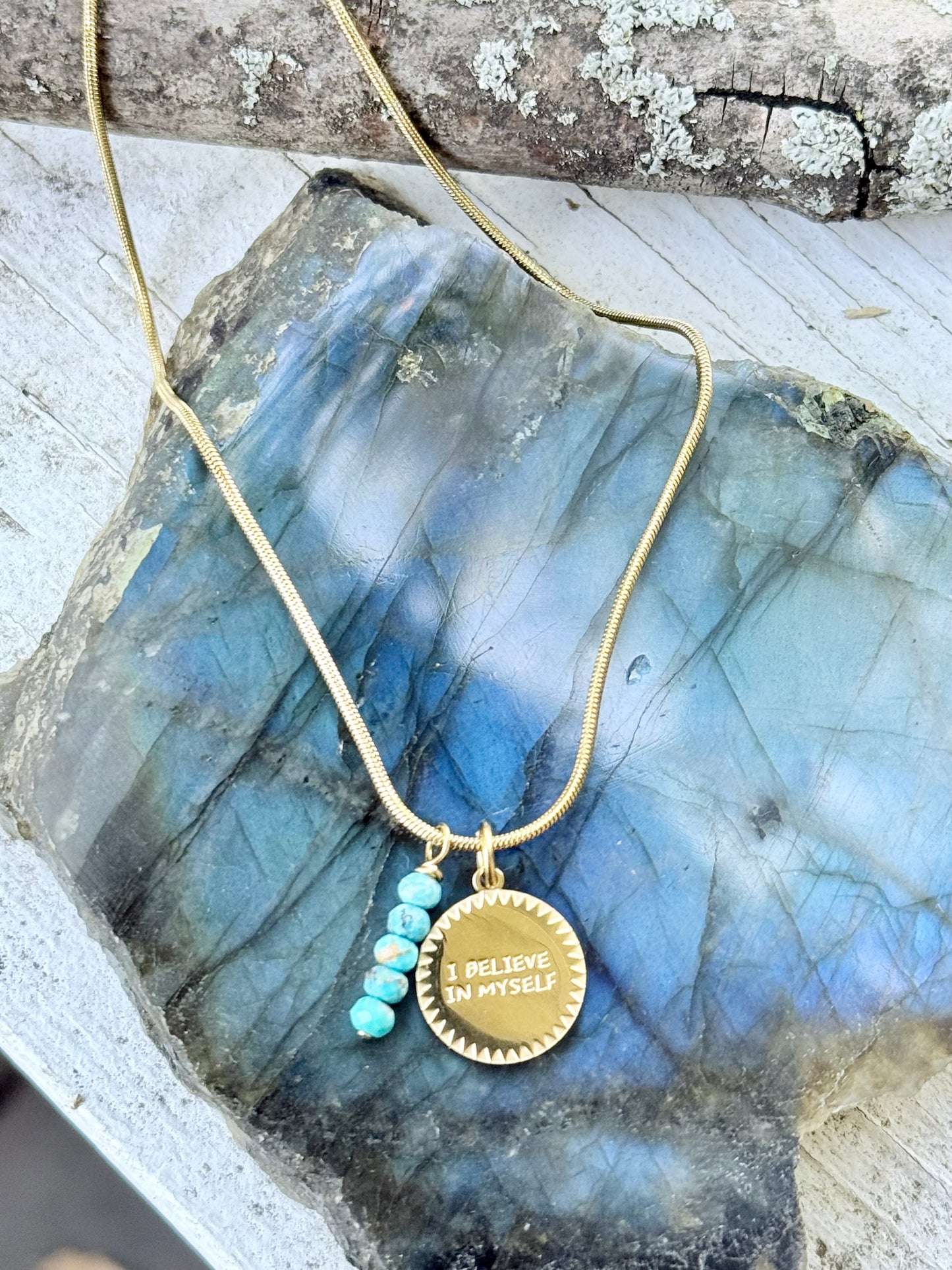 I BELIEVE IN MYSELF: Turquoise + Gold Stainless Steel Necklace