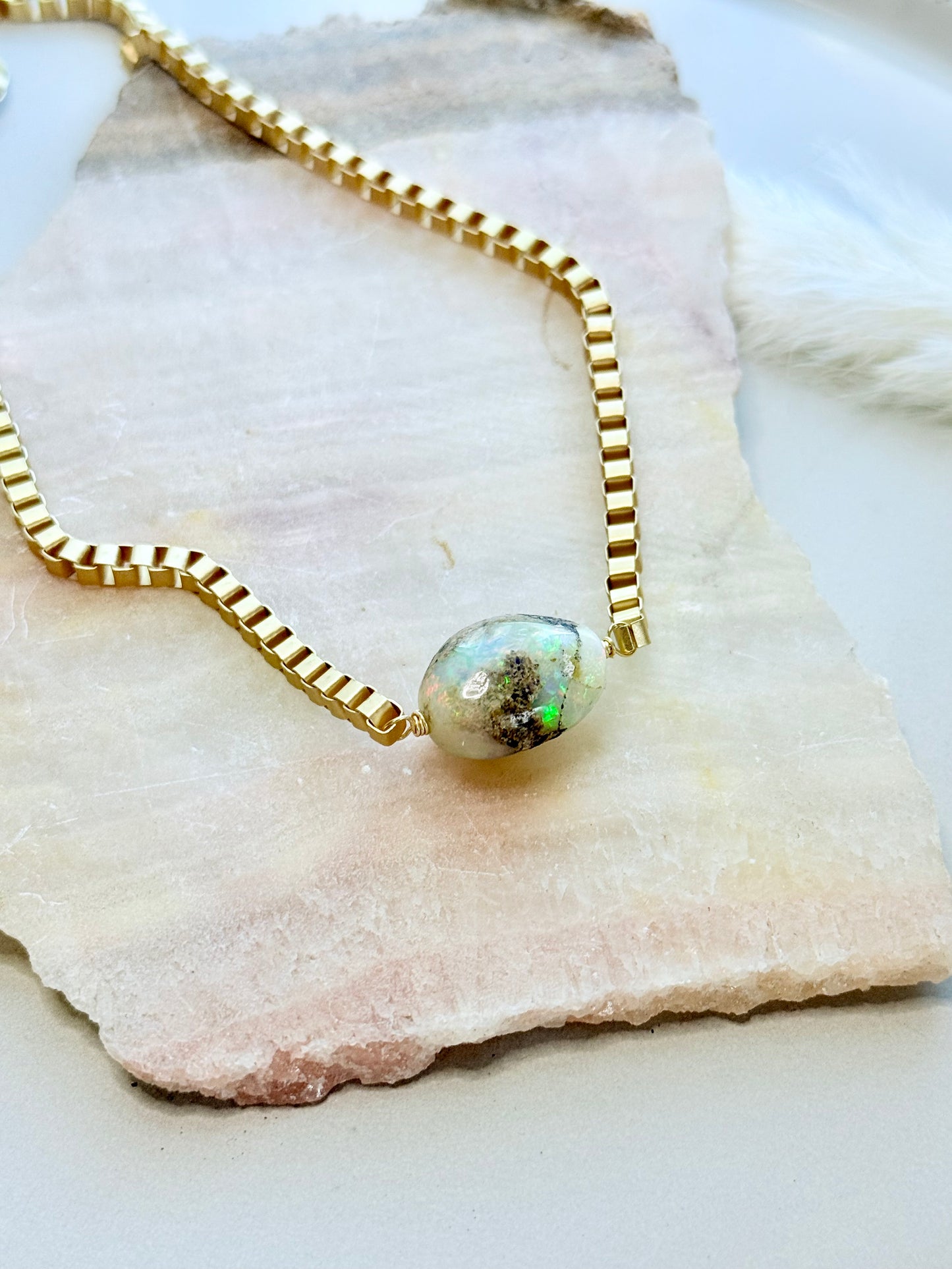 Rustic Ethiopian Opal + Matte Gold Necklace